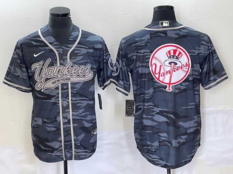 Men%27s New York Yankees Gray Camo Team Big Logo With Patch Cool Base Stitched Baseball Jerseys